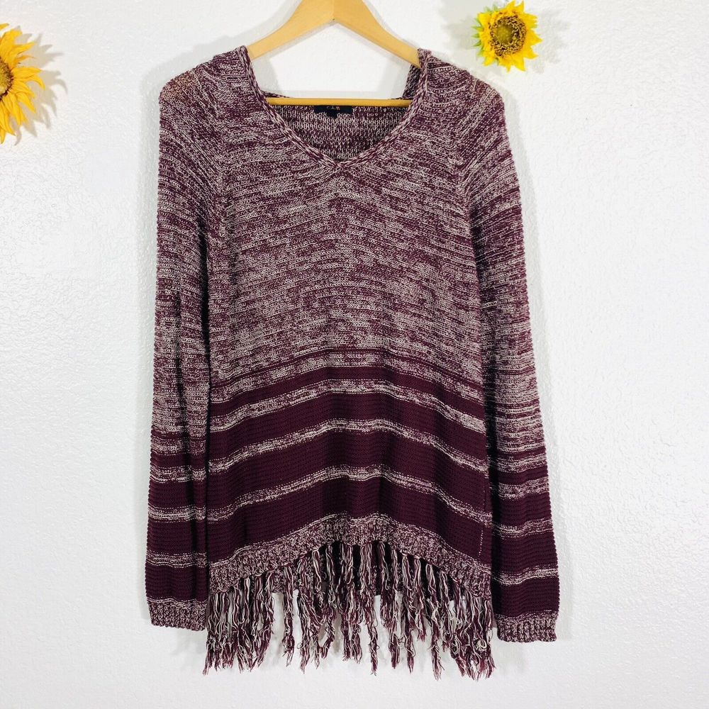 E Hanger M Maroon White Hooded Knit Cotton Tassle Sweater Size Medium